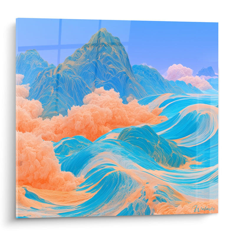 Gemälde Berg blau und korallenfarben mit brechenden Wellen - Felsige Gipfel und Wolken - Künstlerische abstrakte Edition
