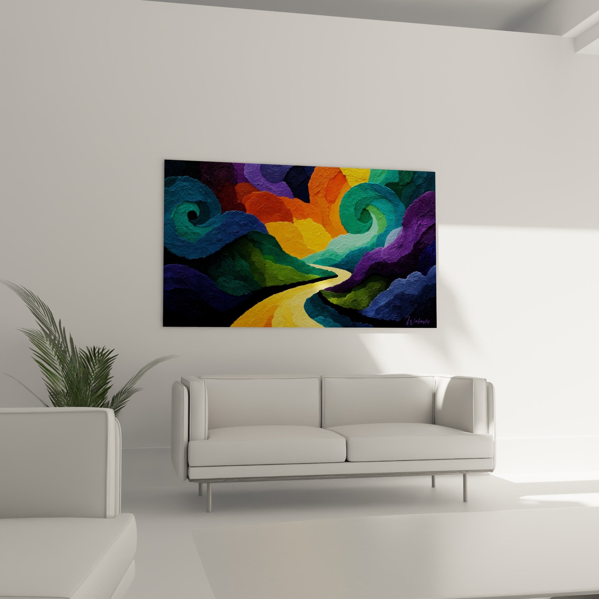 Chemin jaune vif traversant des vagues vertes et bleu marine, tableau abstrait au-dessus d'un canapé dans un salon lumineux