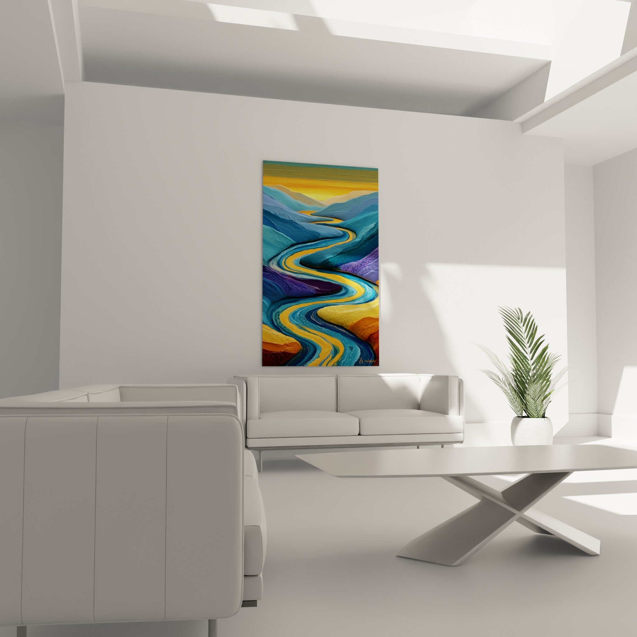 Courbes turquoise et orangées d'une vallée stylisée, œuvre artistique abstrait au-dessus d'un canapé dans un salon lumineux