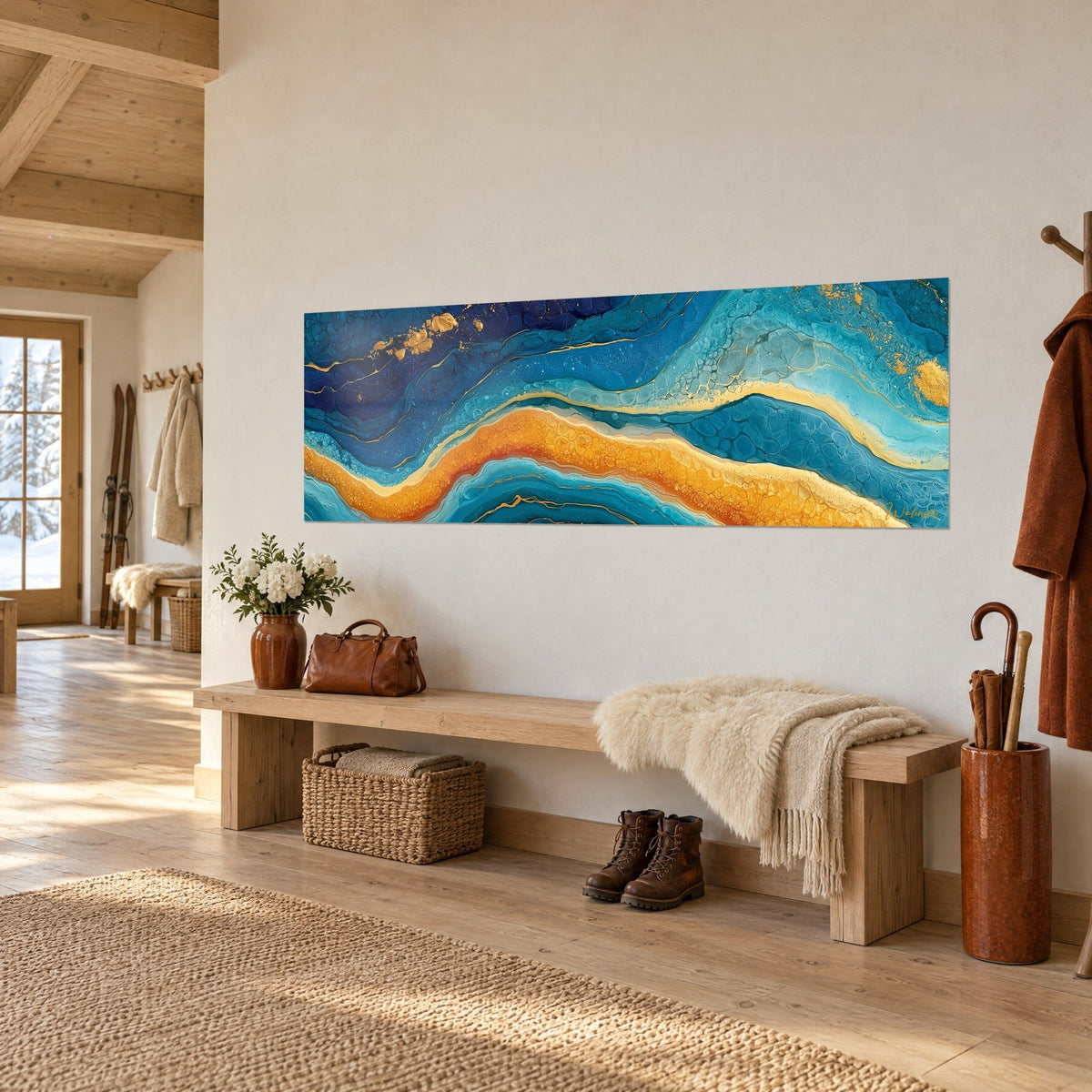 Tableau courant doré serpentant entre bleu roi et turquoise, pépites d'or en haut, banc en bois et plaid blanc, chalet