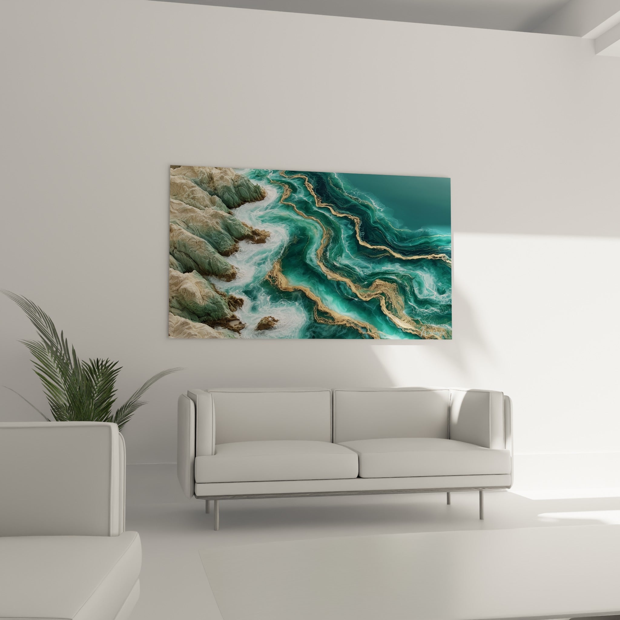 Vagues d'écume blanche et filets dorés animent ce tableau côtier, au-dessus d'un canapé dans un salon lumineux