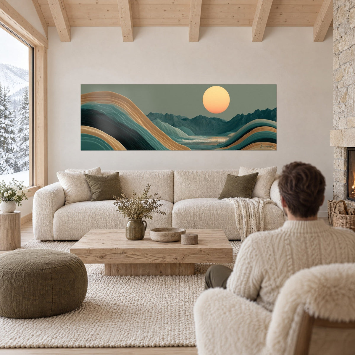 Tableau paysage de montagnes en strates ocre et vert sapin, soleil orangé, homme de dos, au-dessus d'un canapé dans un salon lumineux
