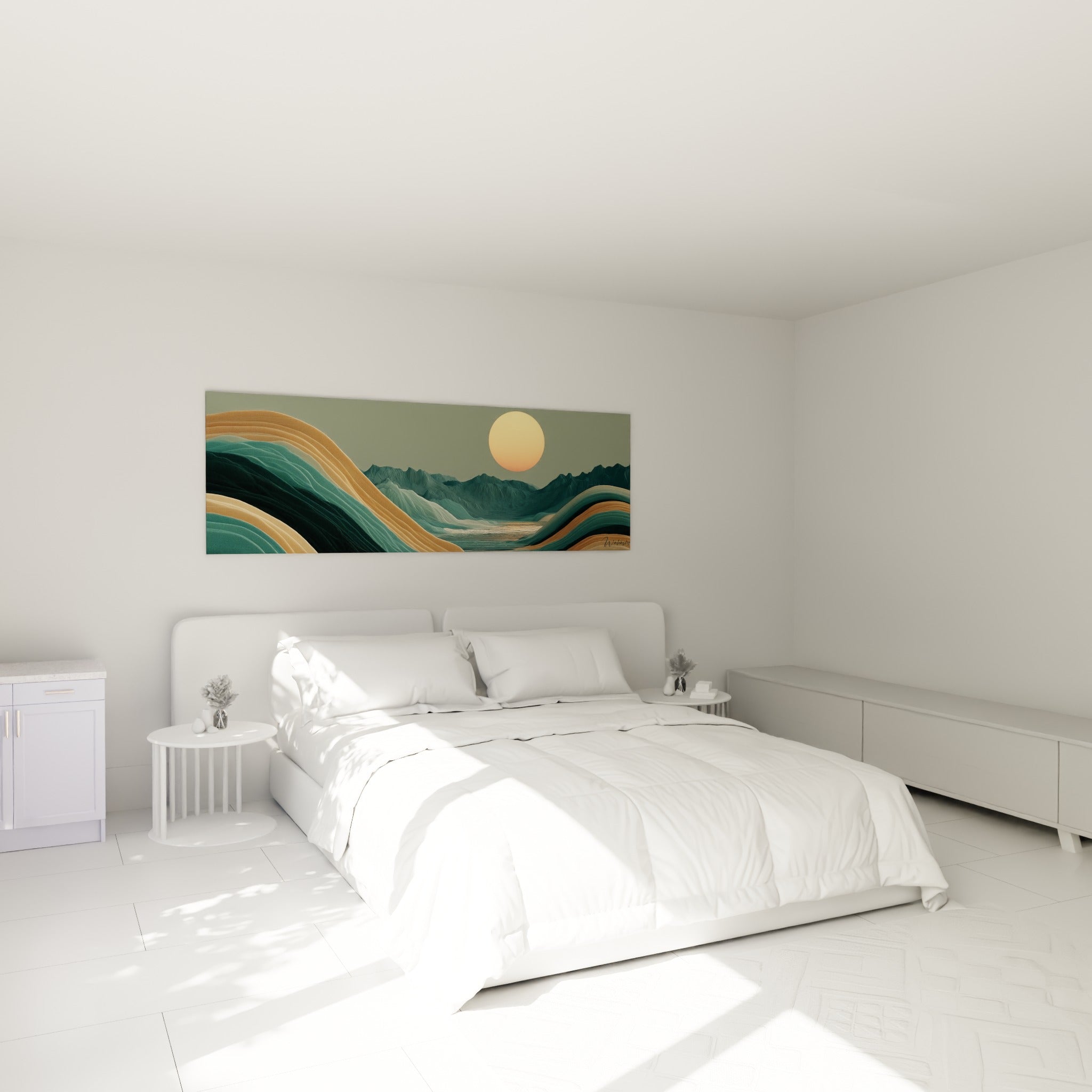 Crêtes vert sauge et ocre doré sous un soleil pâle, au-dessus d'un lit dans une chambre claire