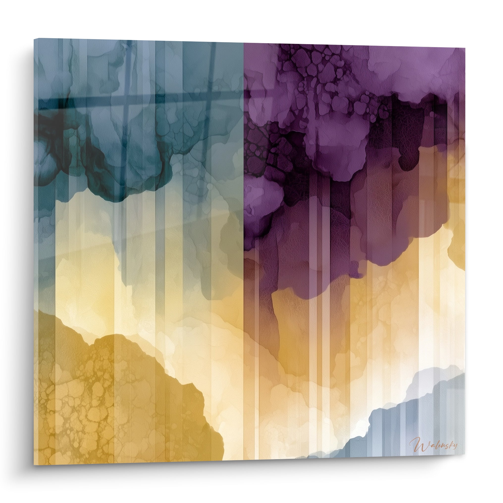 Nuages abstraits violets et dorés en encre fluide, bandes verticales bleu ardoise et prune