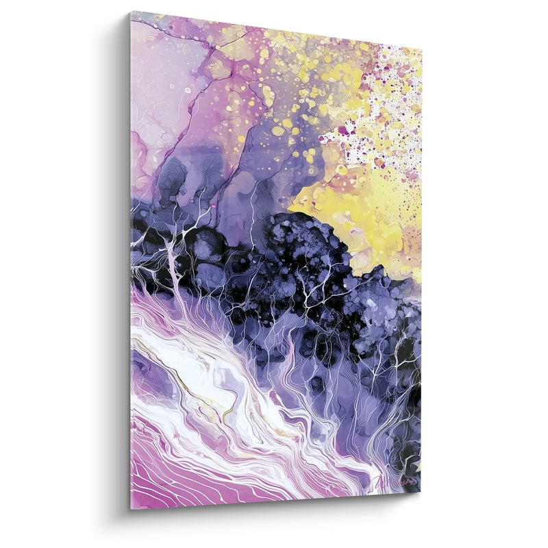 Tableau Silhouette noire aux nuances violettes et dorées - Aube fracturée - Edition Artistique abstrait