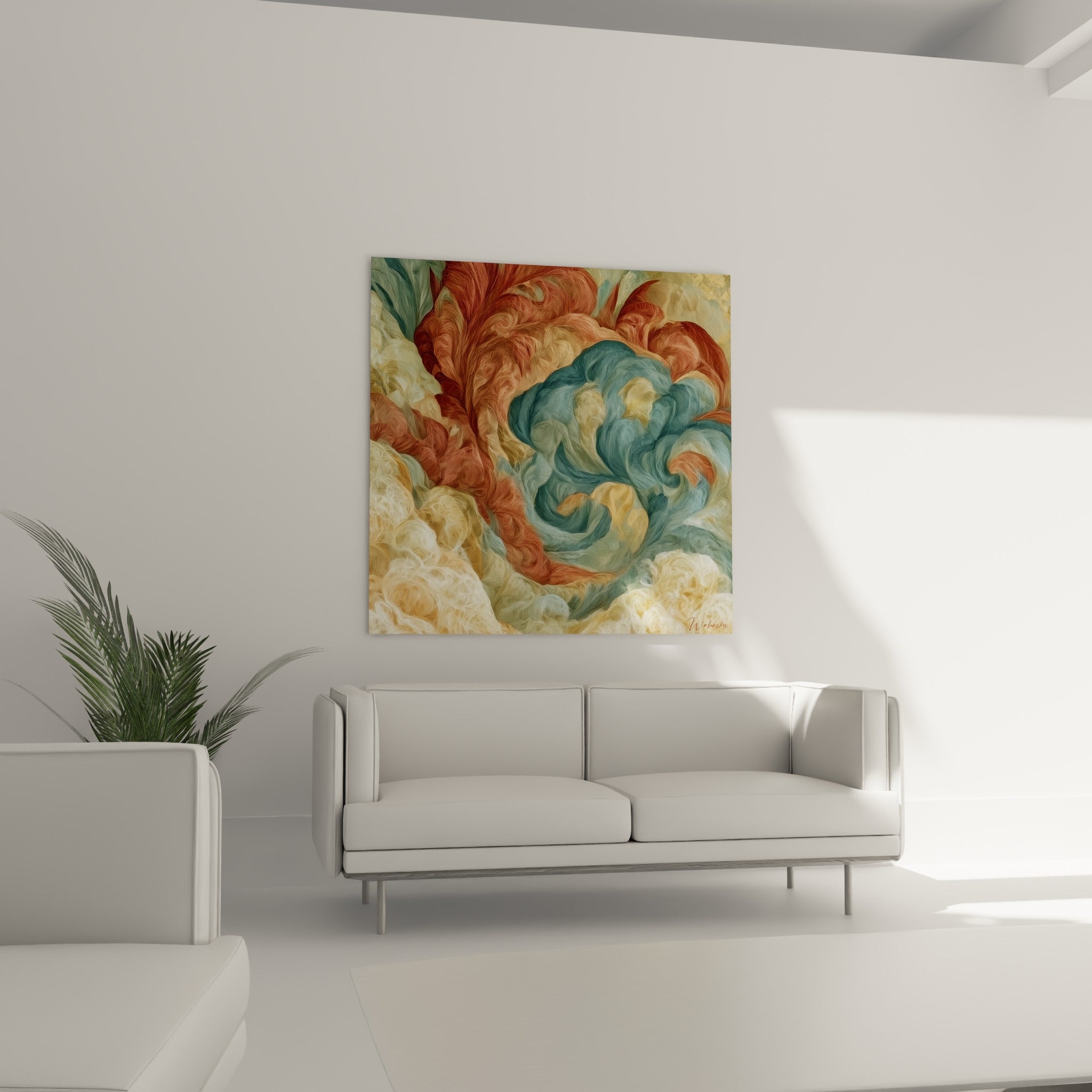 Volutes ocre et sarcelle disposées au-dessus d'un canapé dans un salon lumineux