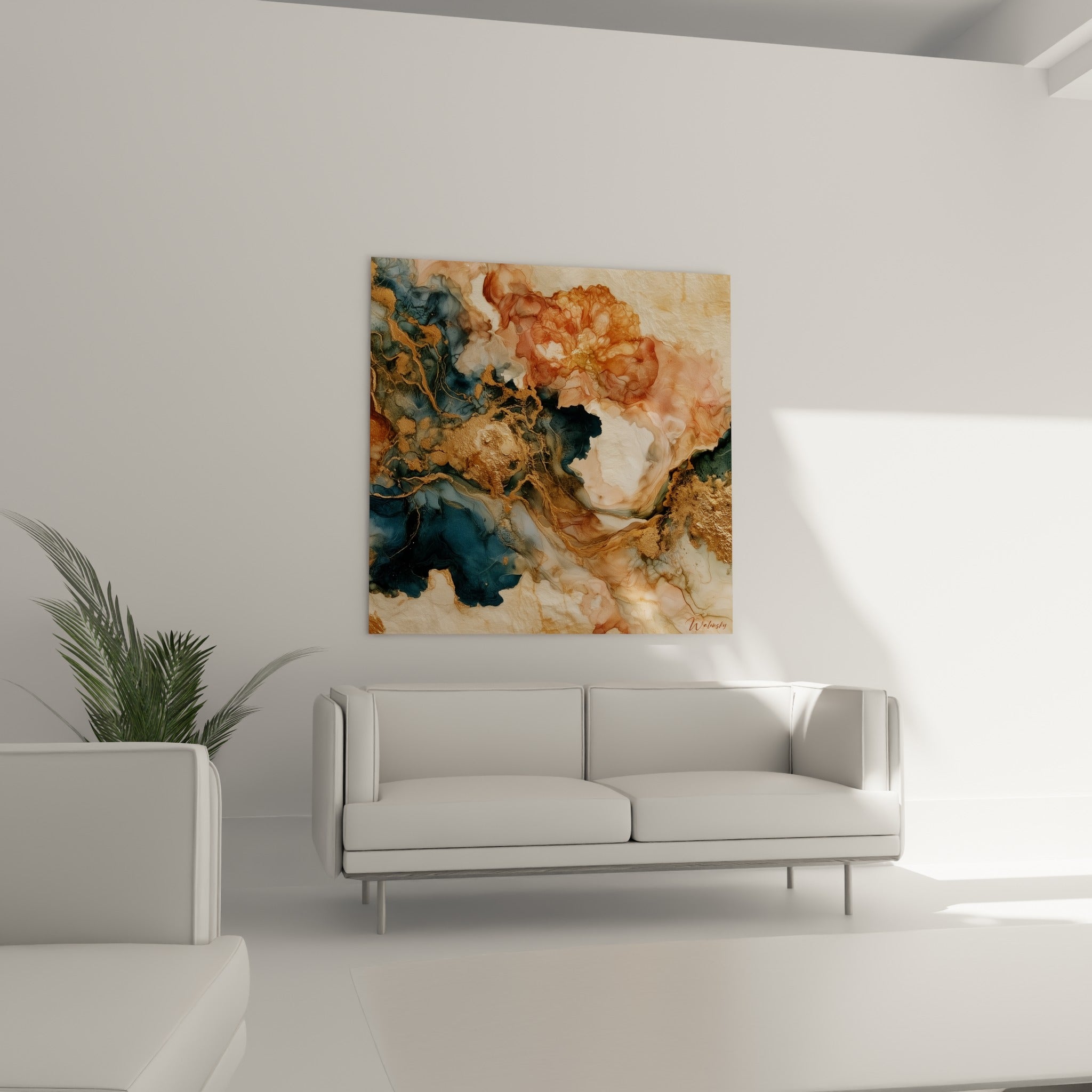 Volutes terracotta et filaments dorés au-dessus d'un canapé dans un salon lumineux