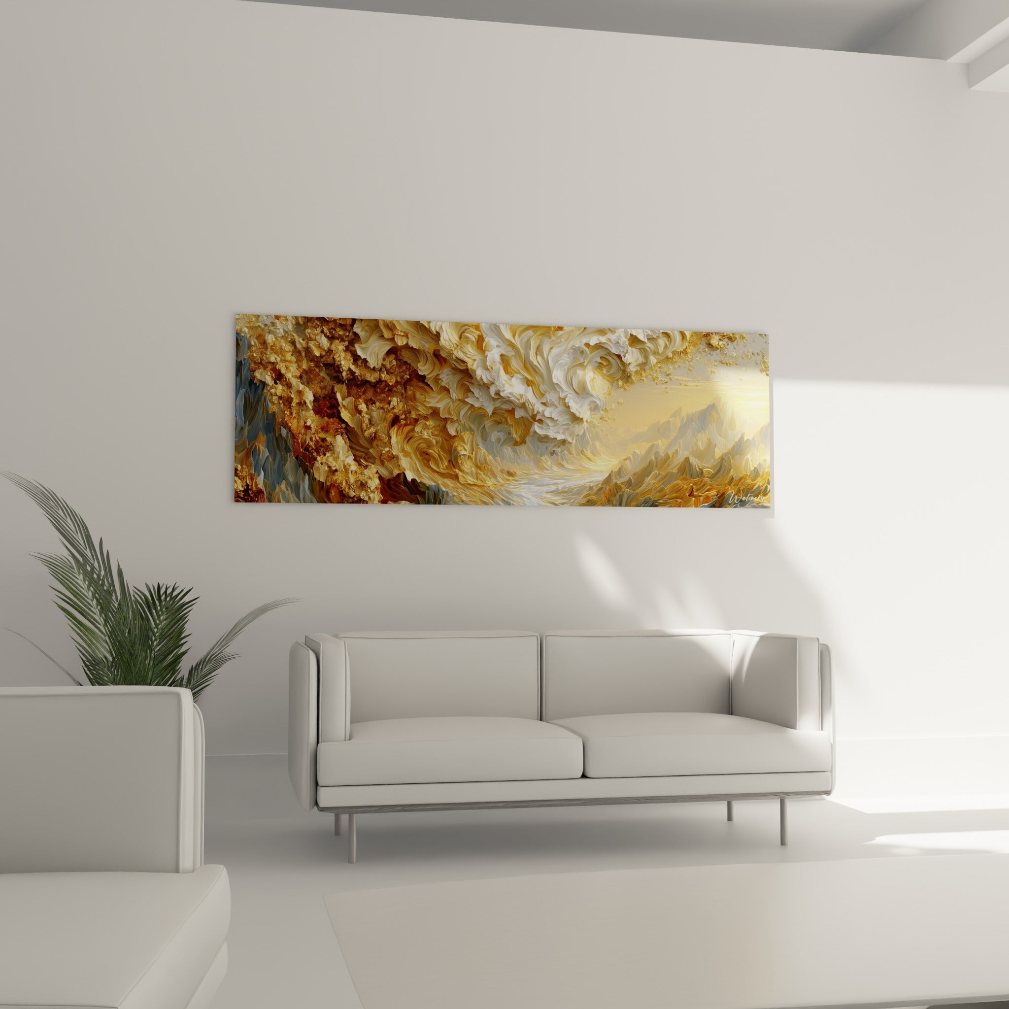 Volutes ocre et crème d'une vague stylisée, au-dessus d'un canapé dans un salon lumineux