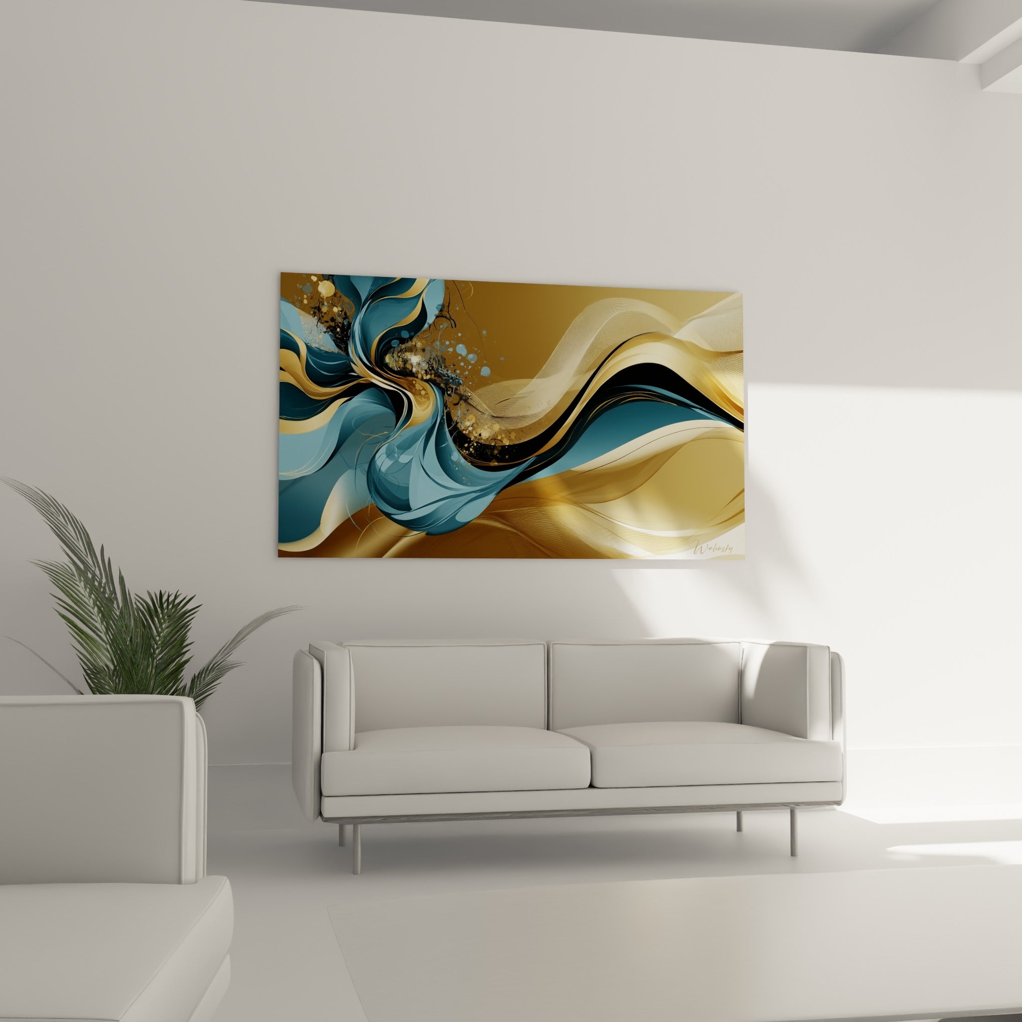 Volutes turquoise et ocre en mouvement fluide au-dessus d'un canapé dans un salon lumineux