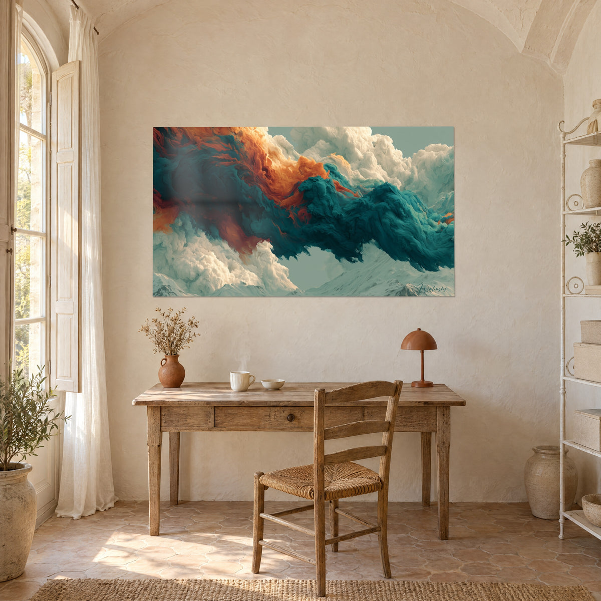 Gemälde Wolkenmeer in dunklem Türkis und Kupfer, vereiste Gipfel unten, an der Wand eines Büros aus hellem Holz im Landhaus