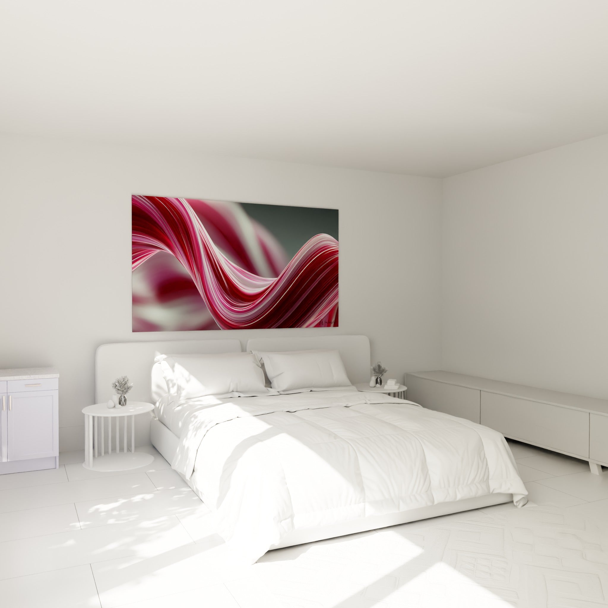 Volutes pourpres et blanches en mouvement fluide, accrochées au-dessus d'un lit dans une chambre claire