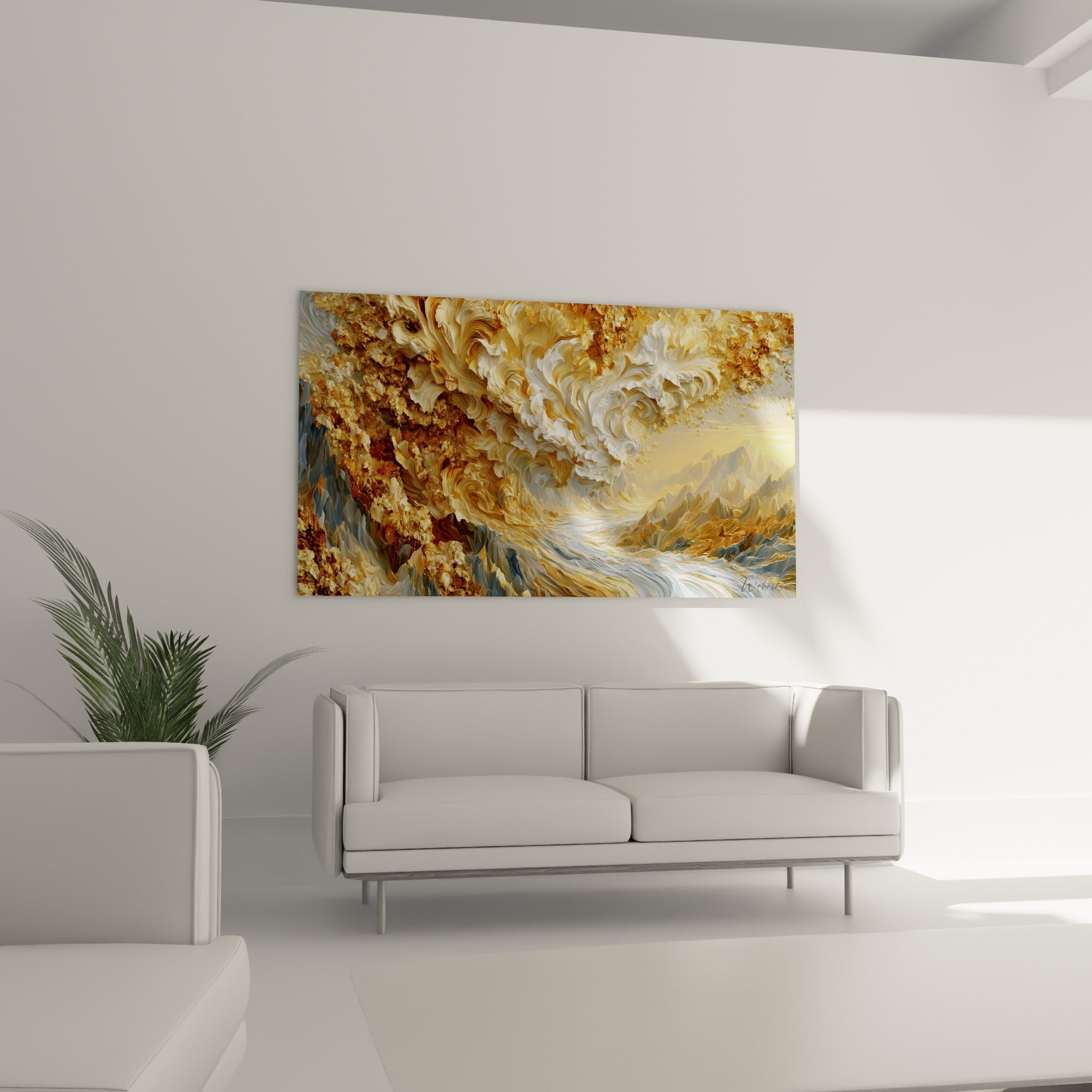 Volutes dorées et blanches artistique abstrait en relief texturé au-dessus d'un canapé dans un salon lumineux