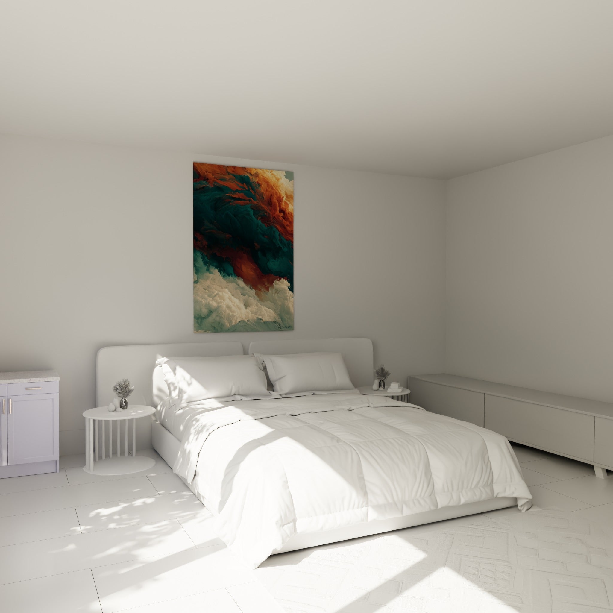Volutes orangées et bleu pétrole d'un tableau artistique abstrait au-dessus d'un lit dans une chambre claire