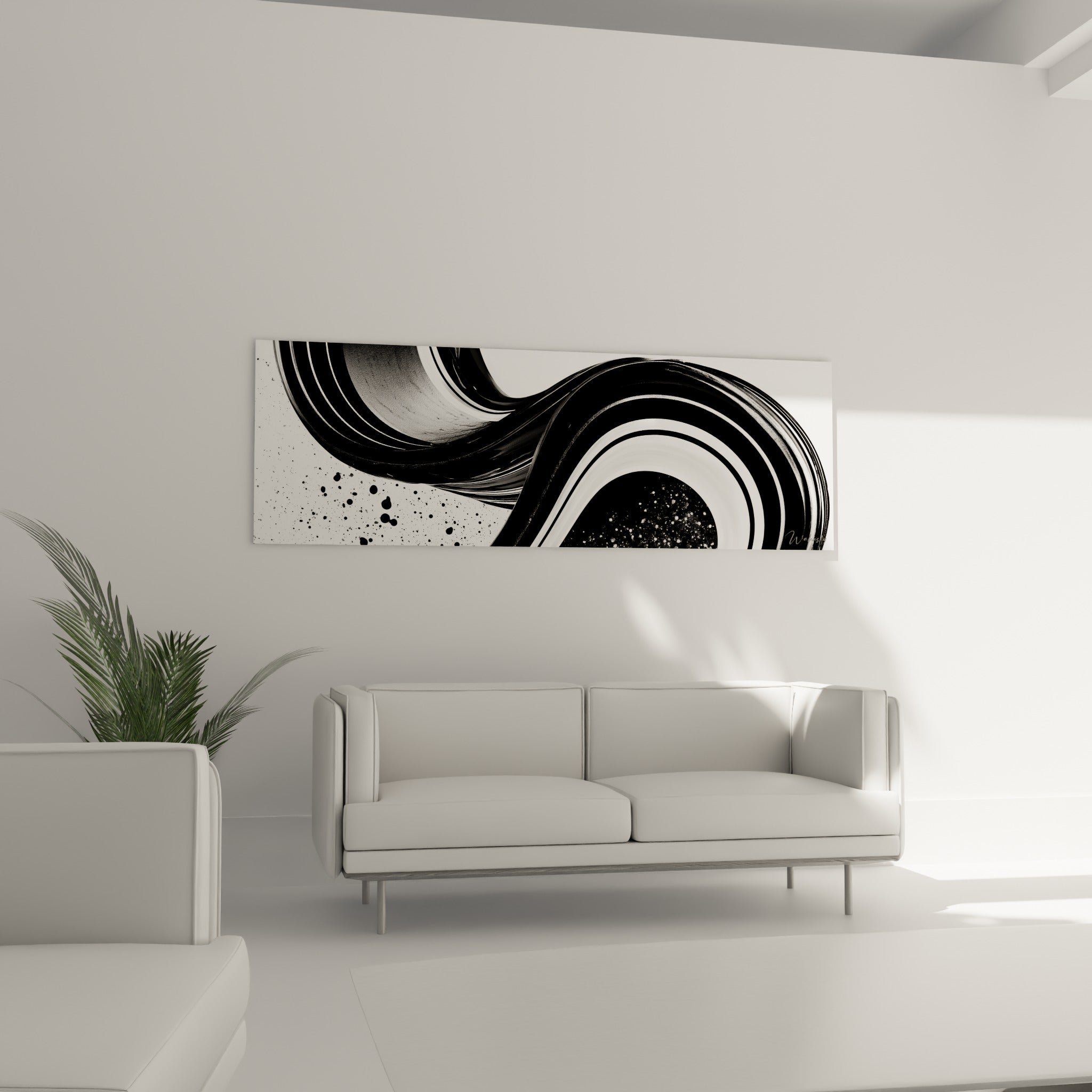 Vortex noir profond ponctué de blanc éclatant, au-dessus d'un canapé dans un salon lumineux