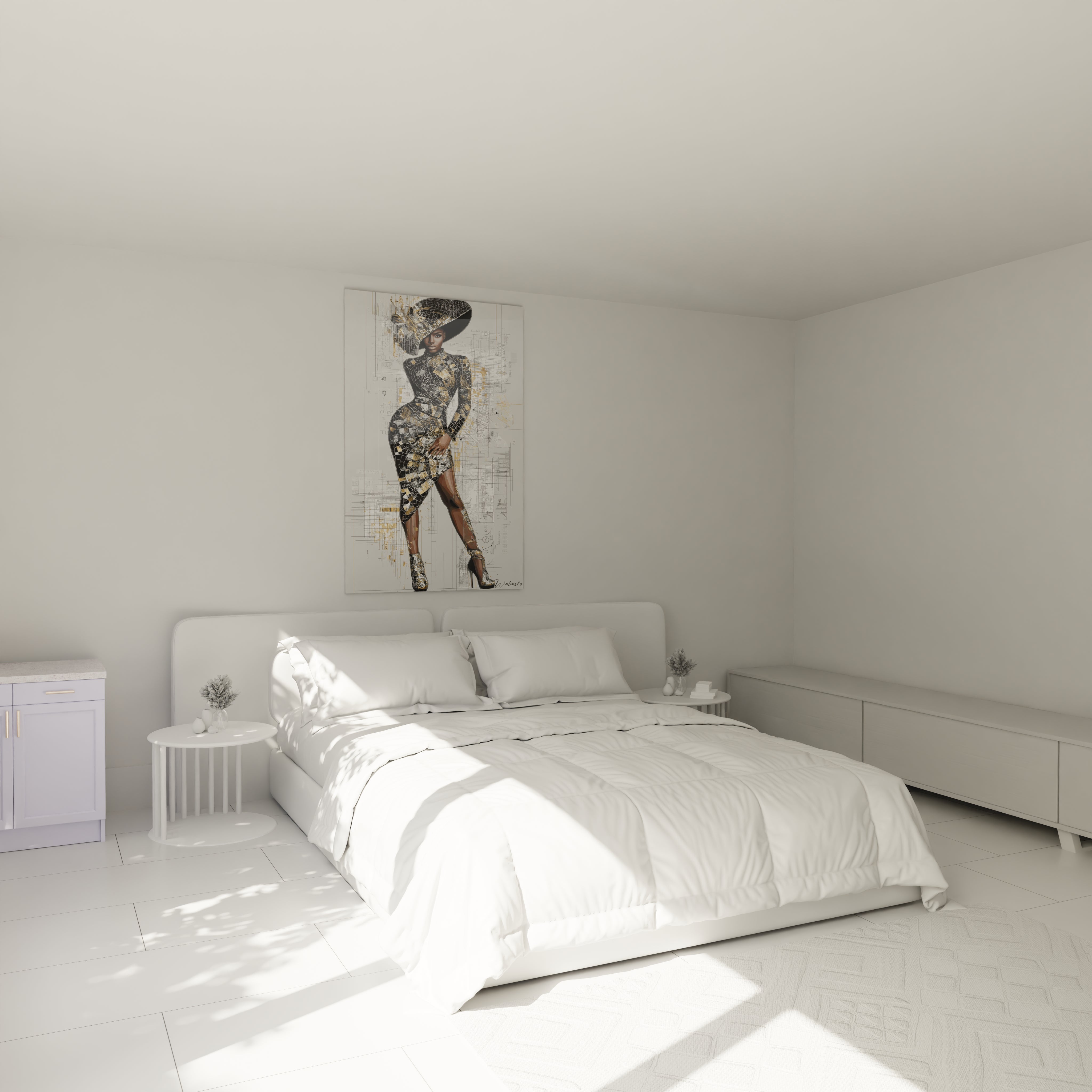 Tableau mural artistique haute couture représentant une silhouette féminine dans un décor moderne