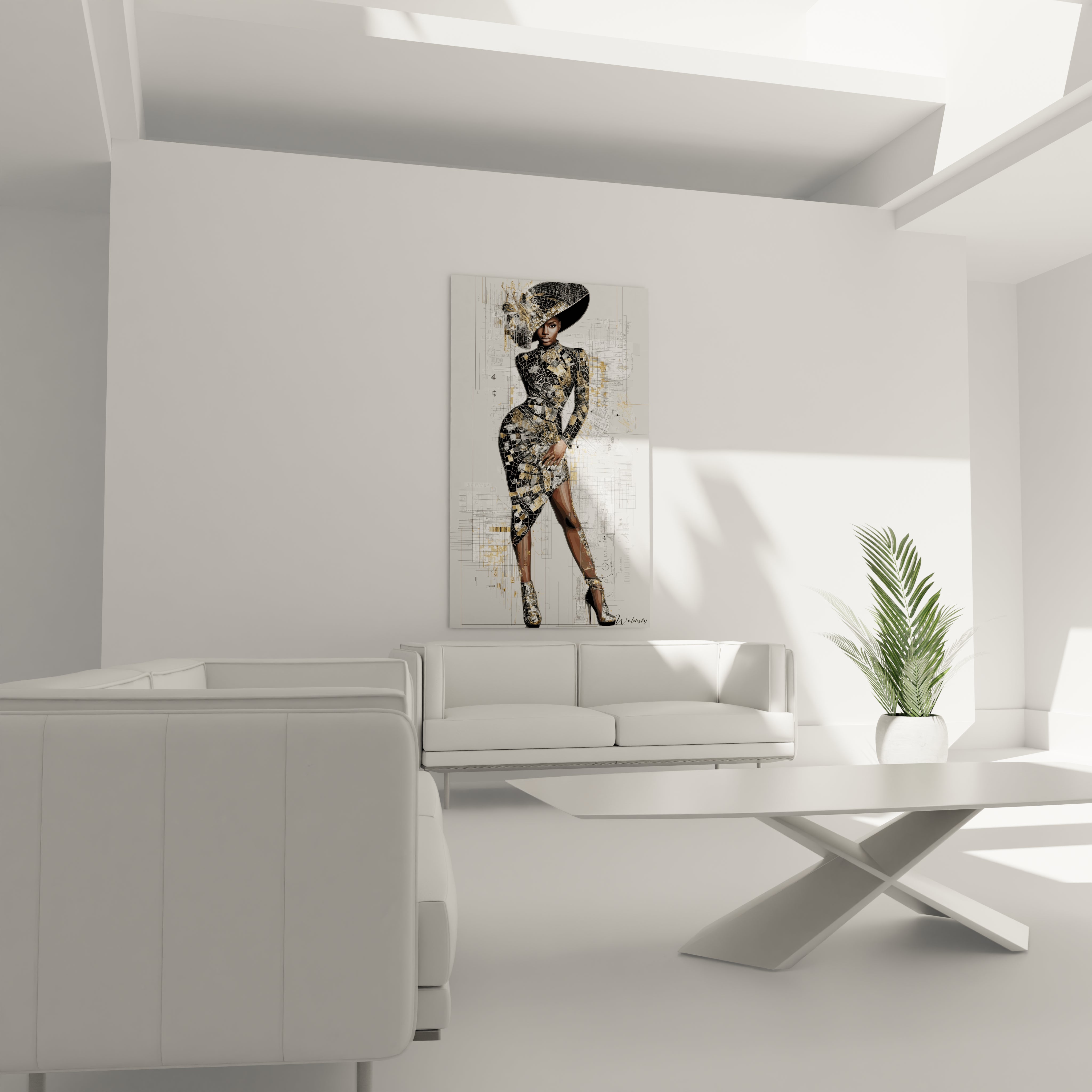 Tableau artistique haute couture représentant une silhouette élégante dans un intérieur moderne