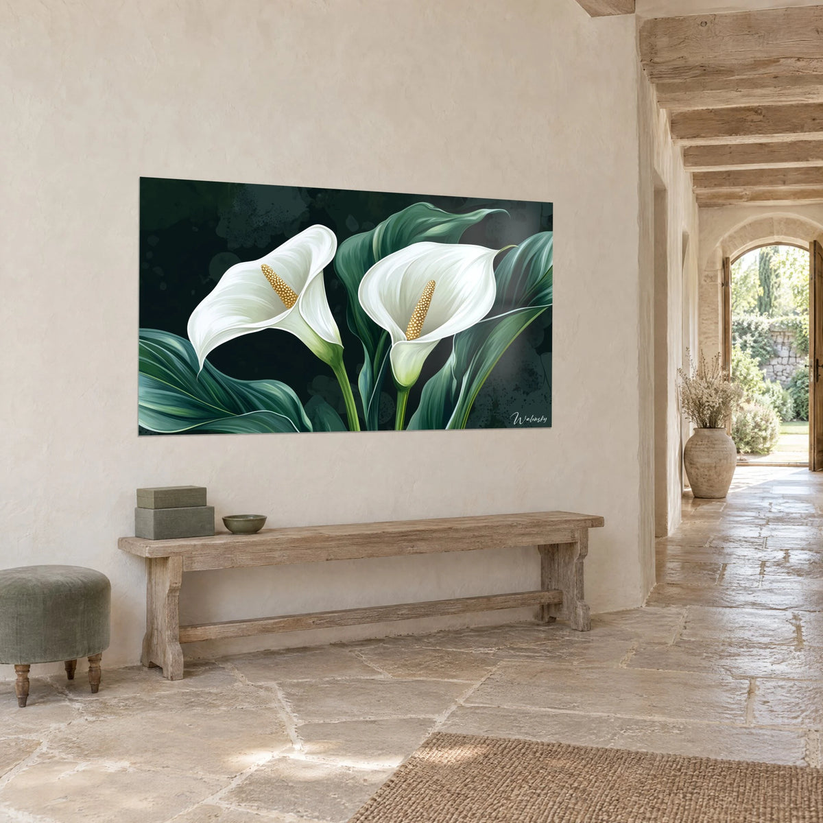 Wall art two flawless calla lilies with golden hearts, emerald green foliage, wooden bench and stone slabs in a stone country house