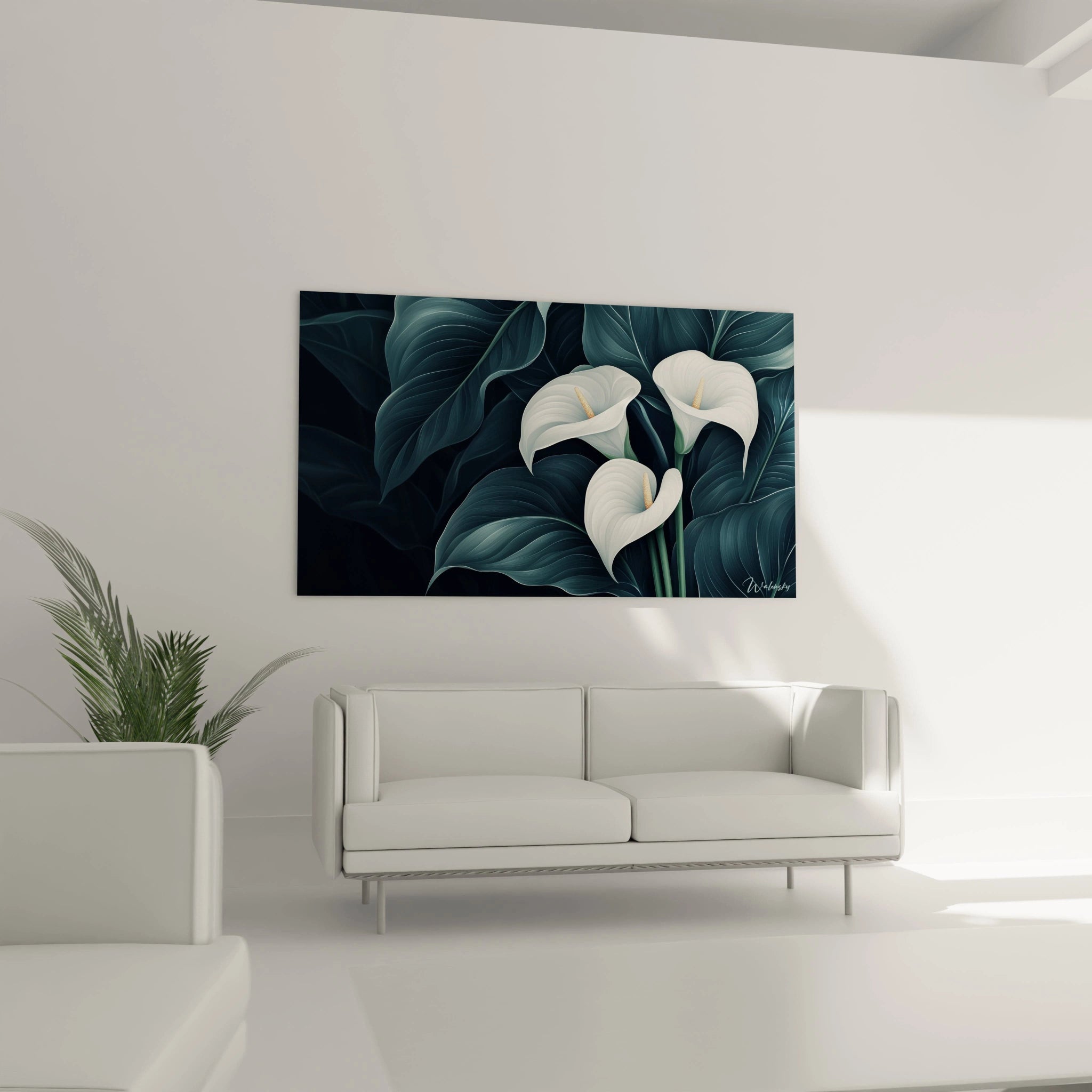 Un tableau Arum nature représentant des fleurs d’arum blanches et un feuillage vert foncé, avec des textures lisses sur les pétales et des ombres marquées sur un fond sombre, créant une profondeur visuelle.

