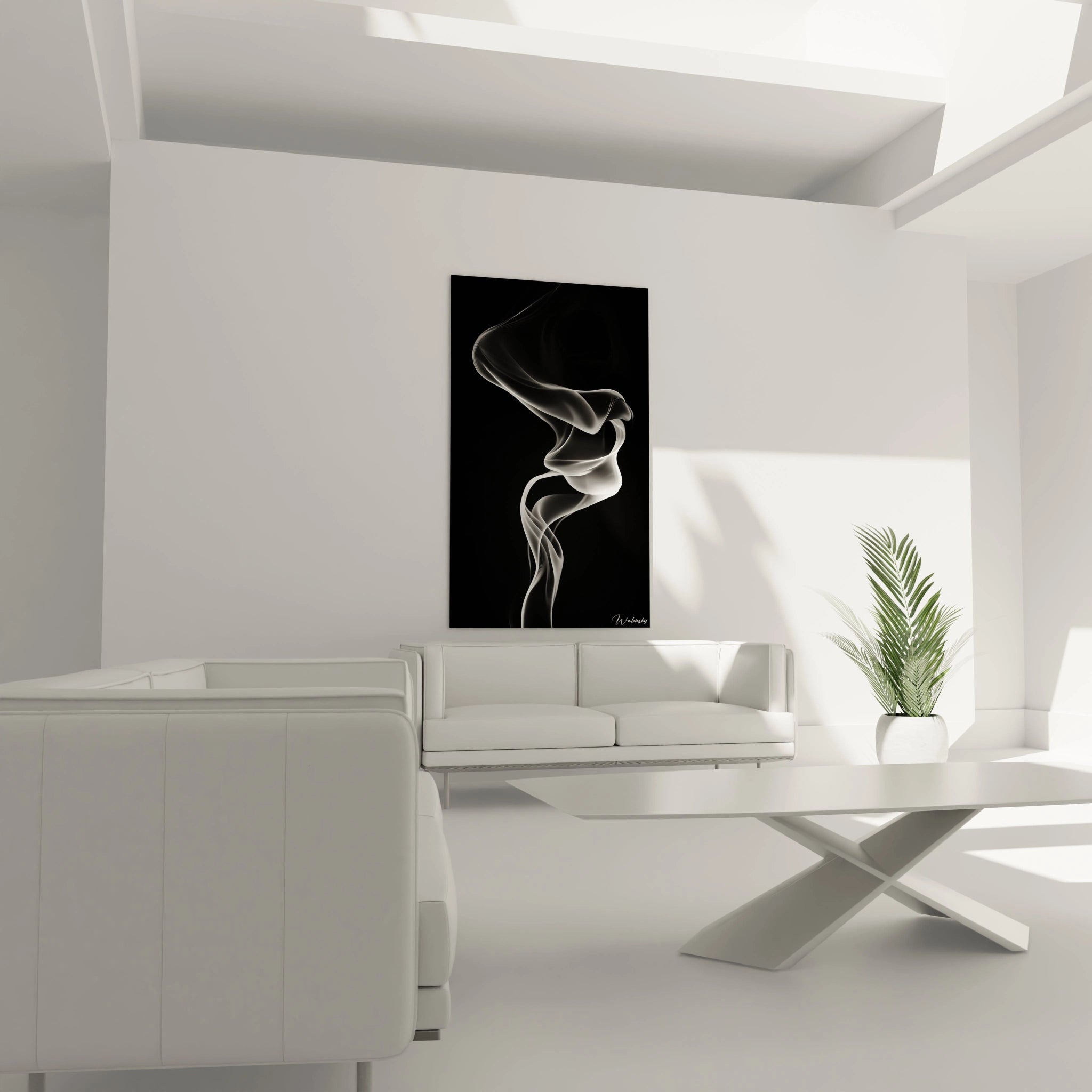 Un tableau fumée abstraite présentant des rubans blancs sinueux sur fond noir profond, capturant le mouvement ascendant avec des lignes parallèles fines qui créent un effet de transparence et de légèreté.
