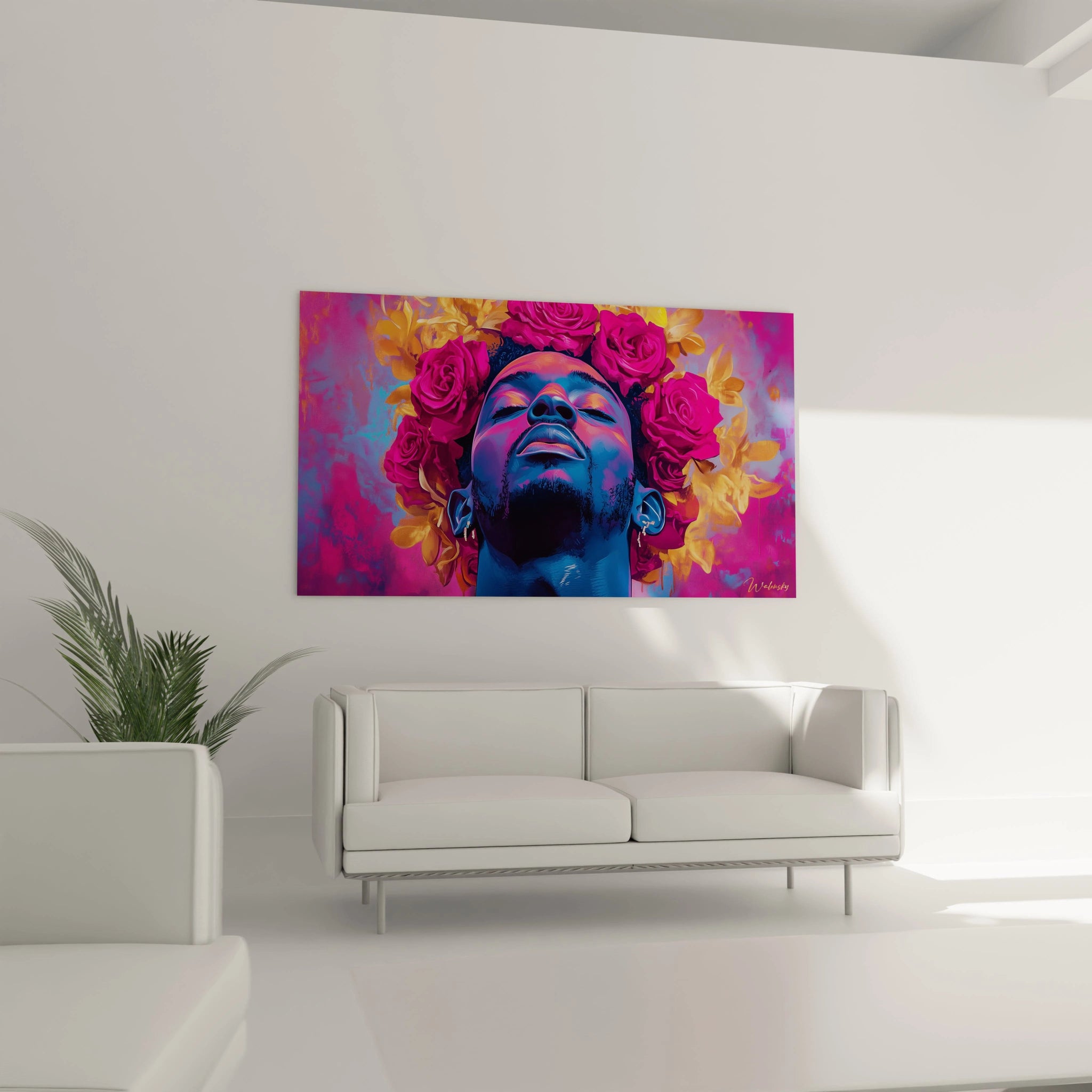 Tableau portrait contemporain montrant un visage masculin à la peau bleue métallisée, yeux fermés et tête levée, encadré par des fleurs roses vives et des feuilles dorées, créant un effet vibrant sur fond dégradé violet-rose.
