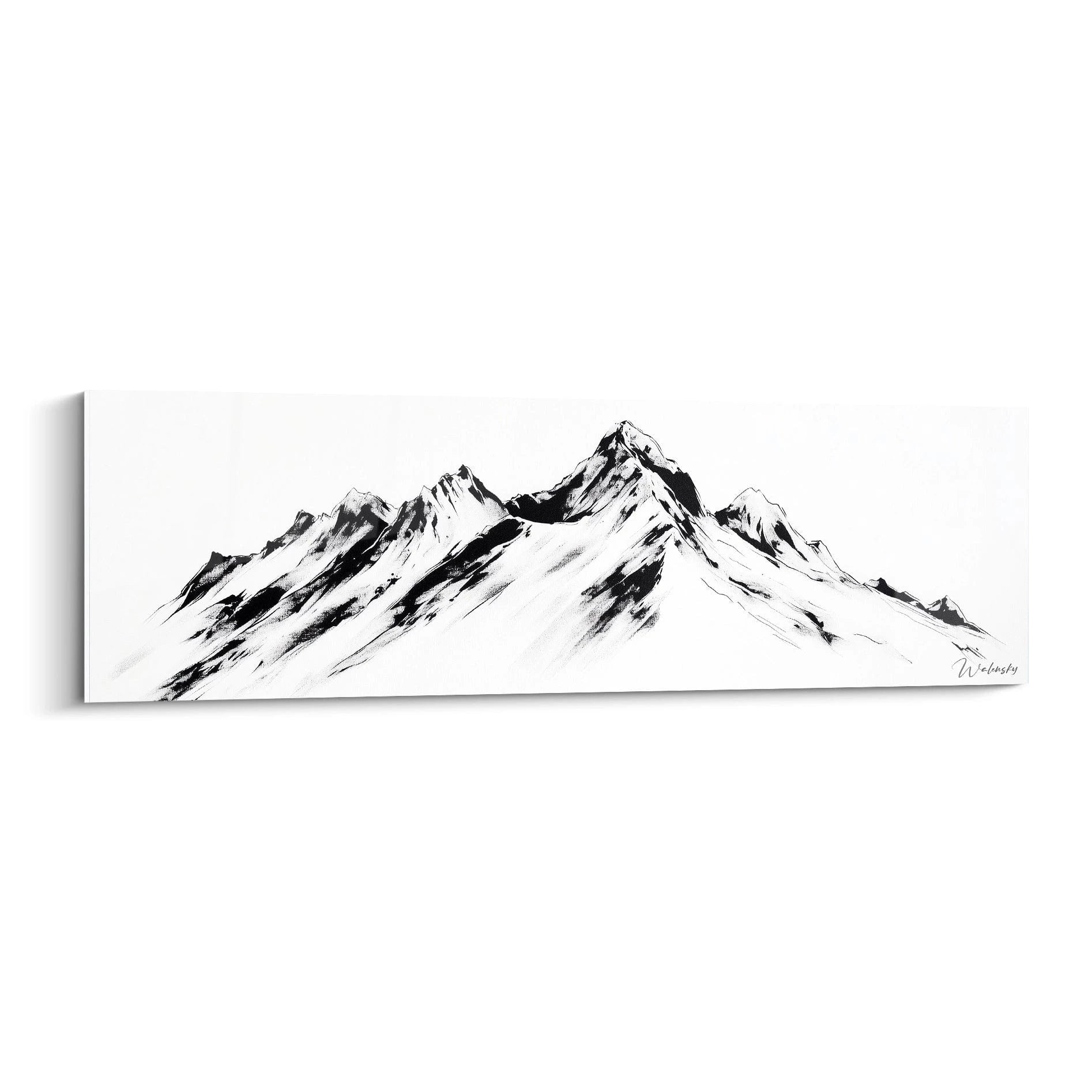 Un tableau montagne en noir et blanc représentant une chaîne de sommets enneigés aux contours nets et précis. Les lignes fines dessinent les arêtes rocheuses tandis que les masses sombres évoquent les ombres naturelles. Un contraste saisissant entre zones noires et blanches crée une présence graphique épurée.
