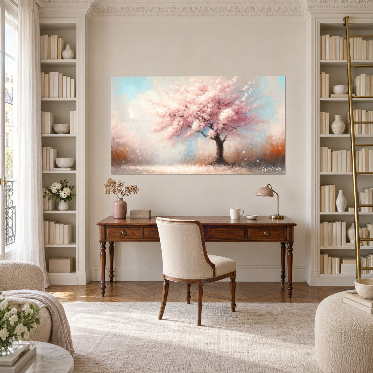 Schilderij wervelende sakurabloemblaadjes, poederroze tegen een ijsblauwe lucht, donker houten bureau, witte boekenkasten, gouden ladder