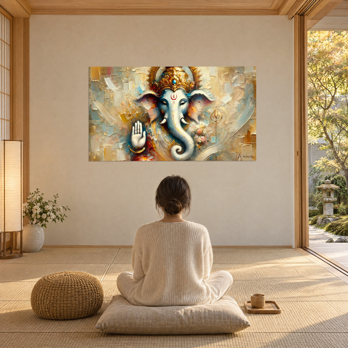 Cuadro figura dorada de aspecto elefantino en pasta gruesa, joyas doradas sobre fondo azul cielo y beige, mujer de espaldas sentada en meditación, salón japandi