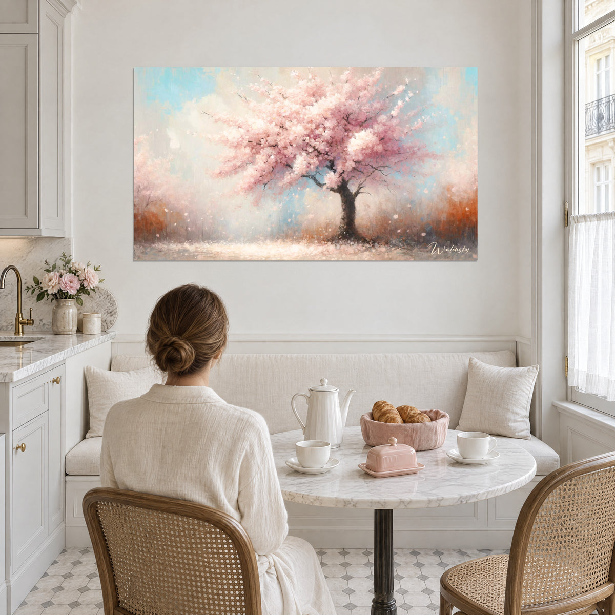 Schilderij kersentakken bedekt met roze bloesems, lichtblauwe en okerkleurige achtergrond, witte eetkamer, vrouw van achteren, marmeren tafel