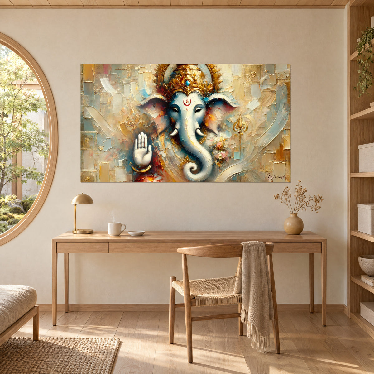 Cuadro Ganesh en pinceladas de empaste, colmillos de marfil, palma abierta, pétalos rosas y toques azul glaciar, encima de un escritorio de madera clara