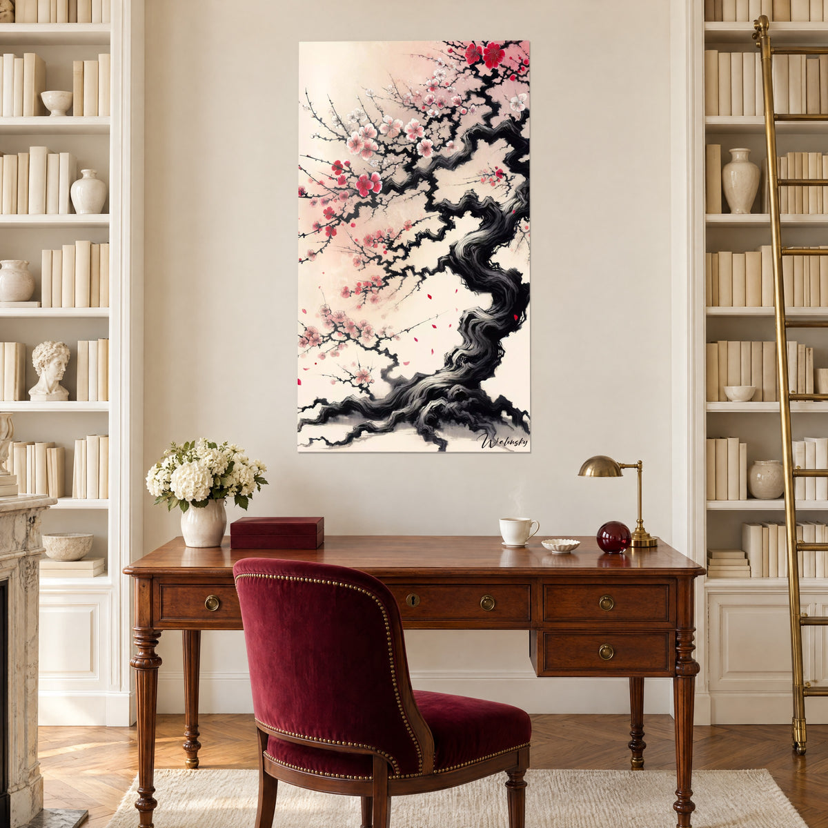Tableau arbre en fleurs peint au pinceau, écorce noire striée et corolles roses, accroché au-dessus d'un bureau en bois
