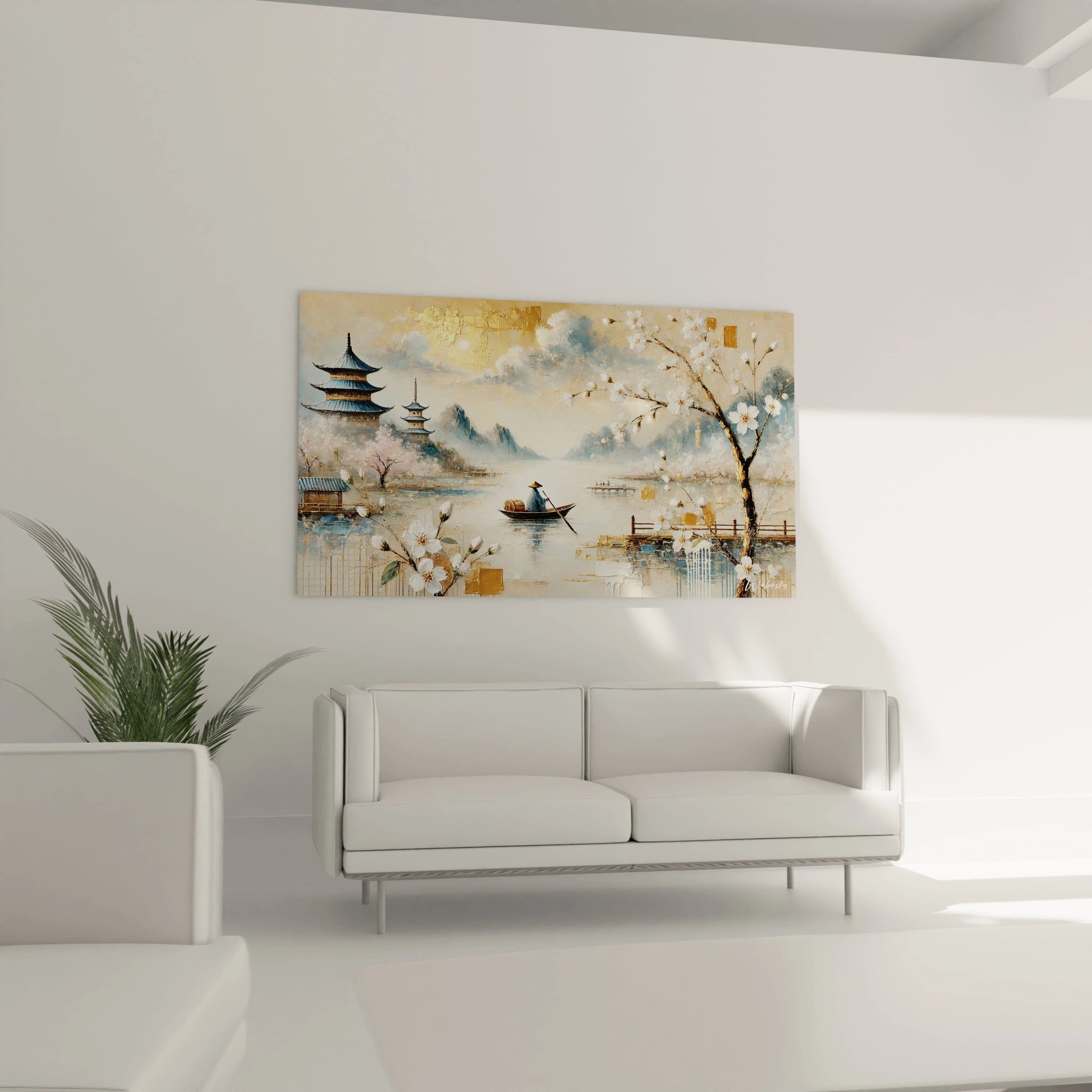 Ce tableau Asie, placé au-dessus du canapé, offre une scene harmonieuse de temples et montagnes, illuminée par des touches dorees, ideal pour une decoration elegante dans le salon

