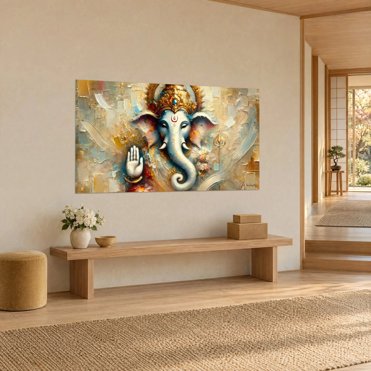 Tableau éléphant sacré aux oreilles rosées, main blanche levée, fond d'or et de turquoise, banc en bois, vue de trois-quarts