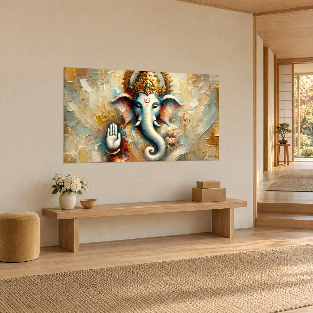 Cuadro del elefante sagrado de orejas rosadas, mano blanca levantada, fondo de oro y turquesa, banco de madera, vista de tres cuartos