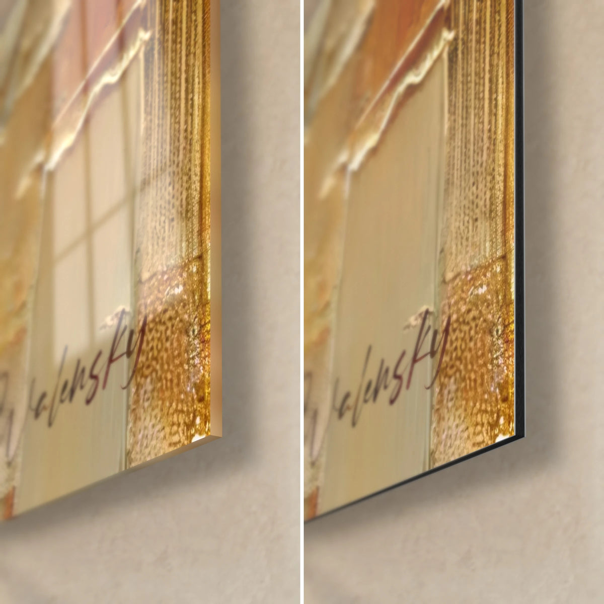 Tableau divinité éléphant, coin bas droit : reflets sur le verre brillant, Dibond mat doré et ocre, tranche de 3 mm, signature