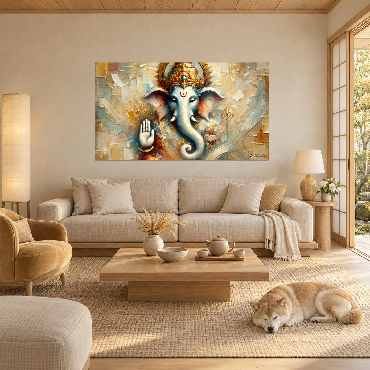 Tableau Ganesh à trompe ivoire et couronne dorée, touches bleu ciel et ocre, Shiba endormi, au-dessus d'un canapé dans un salon lumineux