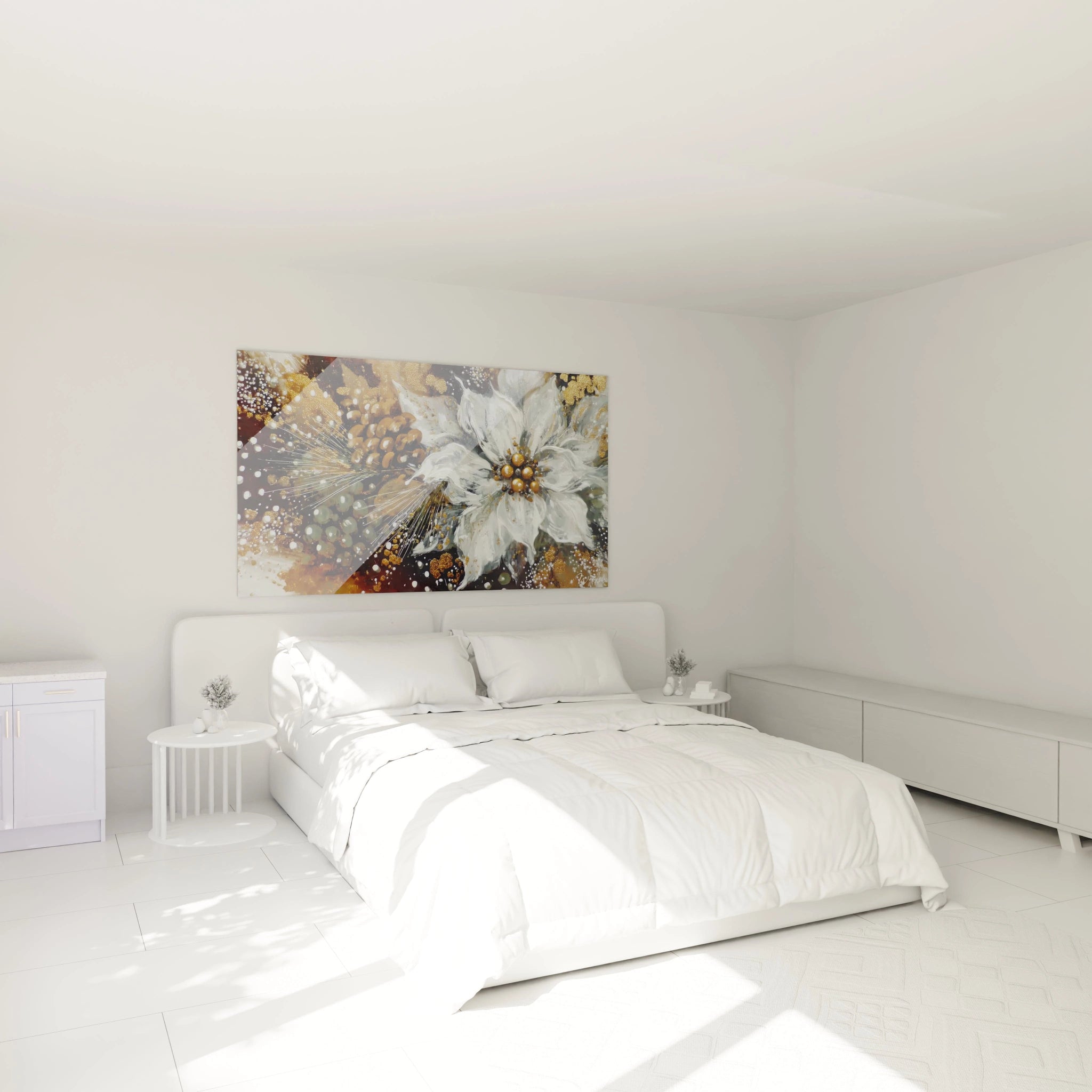 Tableau mural étoile de Noël de Walensky décorant une chambre moderne avec un lit blanc