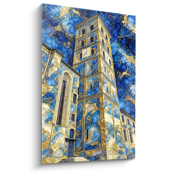 Tableau Campanile doré aux motifs bleu marine - Envolée céleste - Edition Asti Piémont Italie