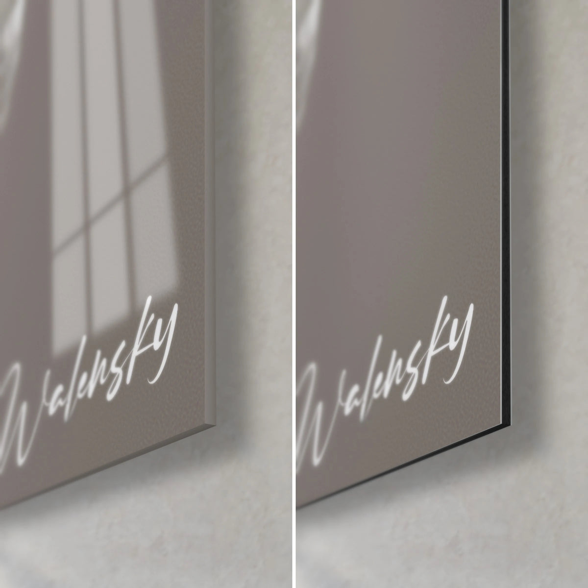 Wall art of a marble warrior on taupe background, bottom right corner: glossy glass on the left, matte black Dibond on the right, 3 mm edge