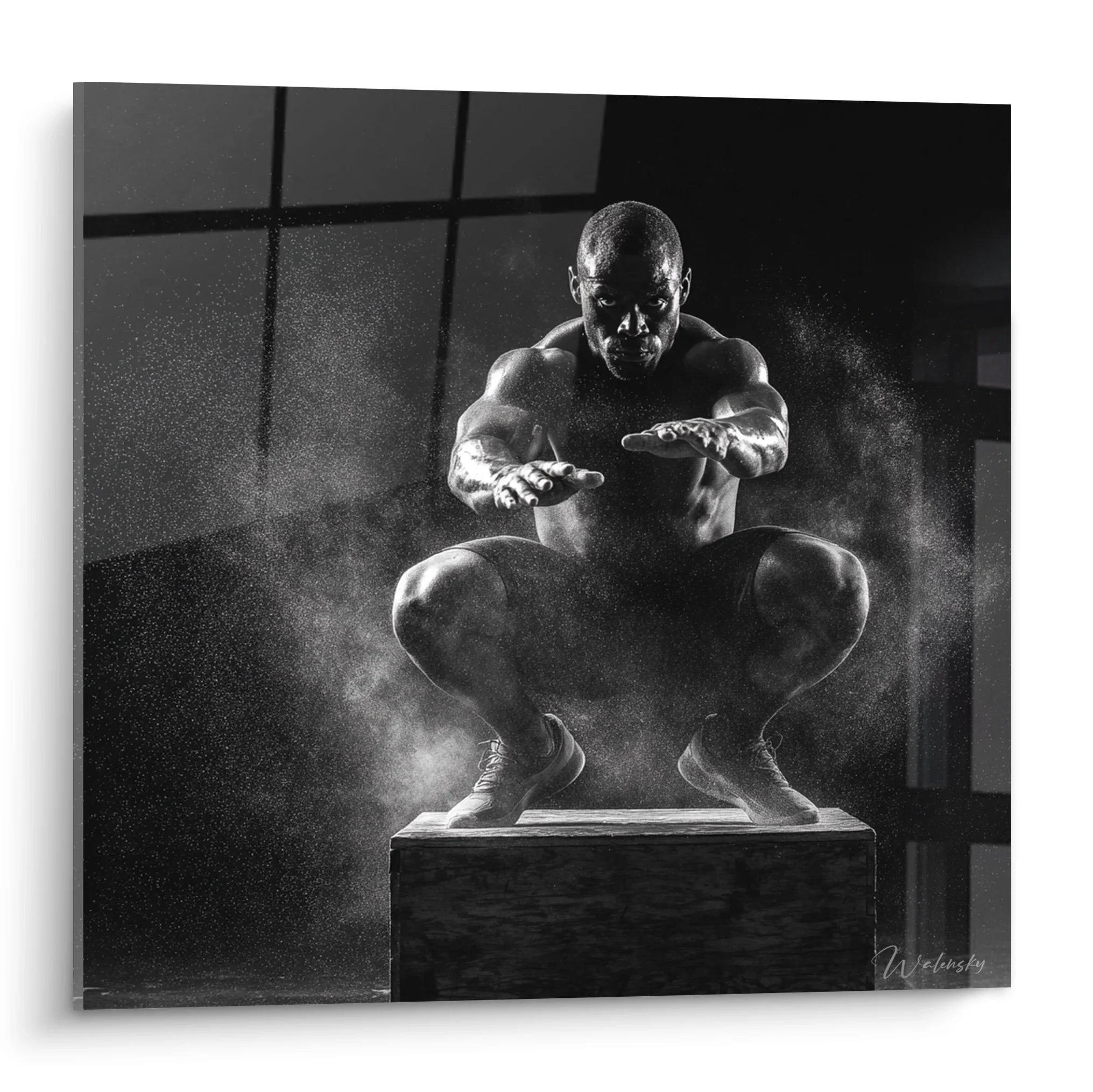 Tableau noir et blanc athlète musculation squat box jump crossfit décoration murale fitness