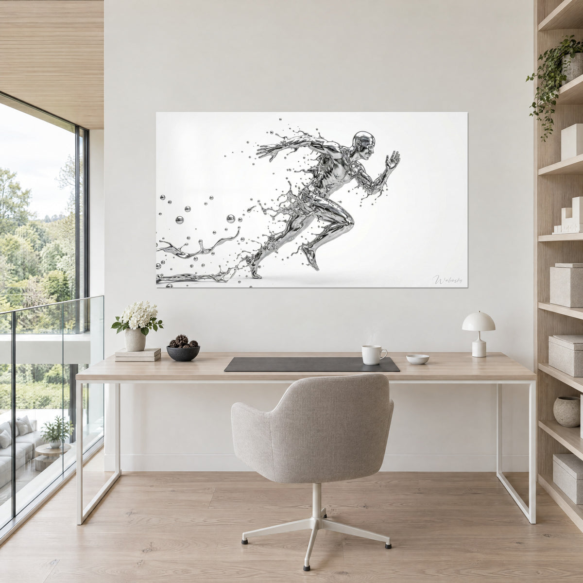Quadro esplosione liquida a forma di corridore, gocce argentate su sfondo bianco, appeso sopra una scrivania bianca in rovere chiaro