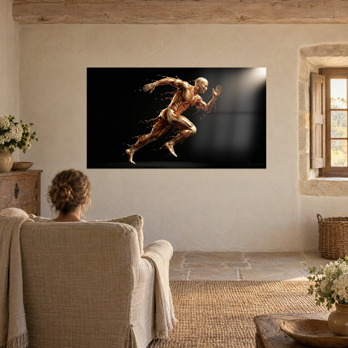 Cuadro de una figura deportiva que salta de cobre líquido, gotas doradas sobre fondo negro, haz de luz blanco, frente a un sillón de lino beige