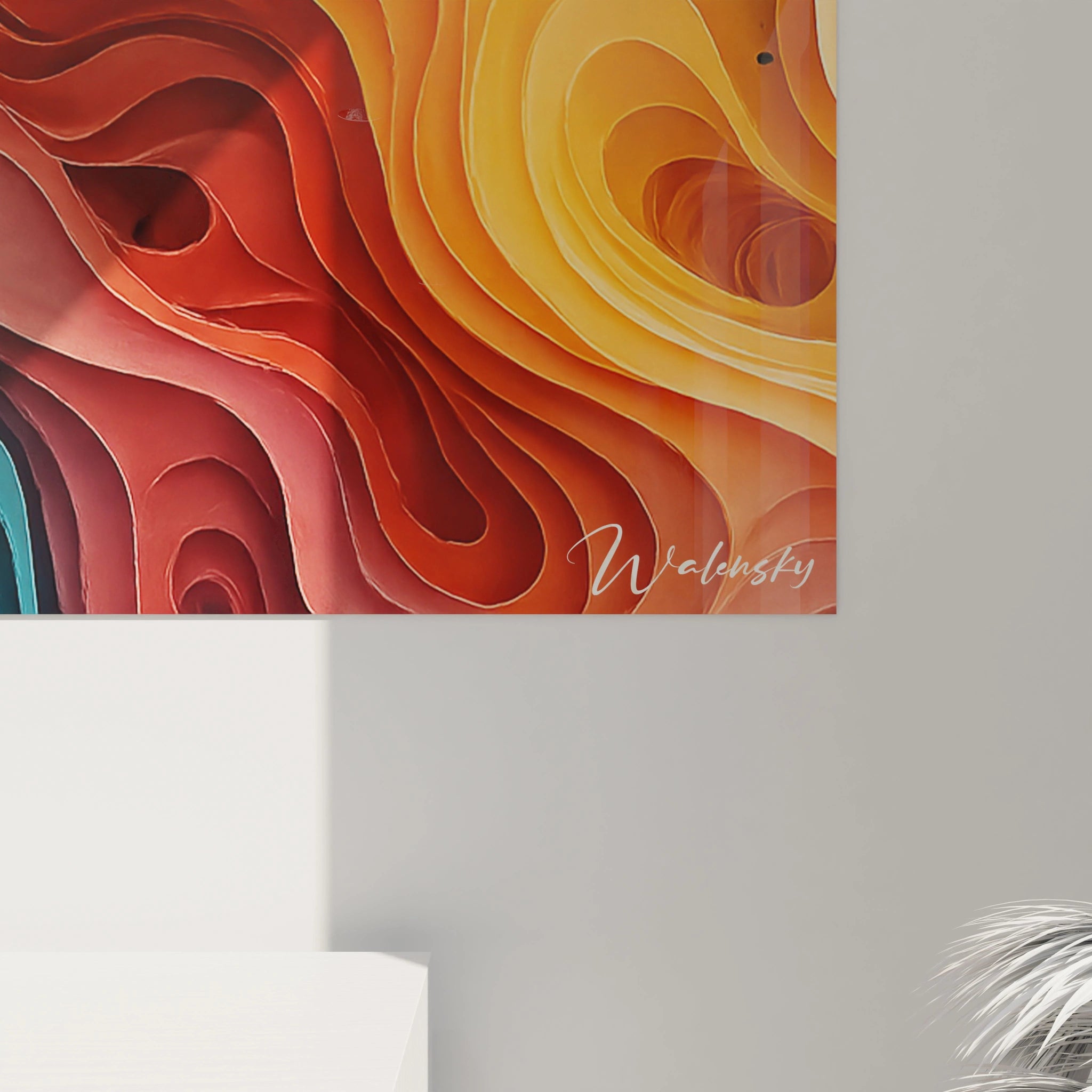 Un tableau relief abstrait aux lignes sinueuses évoquant des courbes de niveau géographiques. Les transitions chromatiques entre bleu, orange et blanc créent un contraste harmonieux, tandis que les perforations dans la zone médiane ajoutent texture et mystère à l'ensemble.
