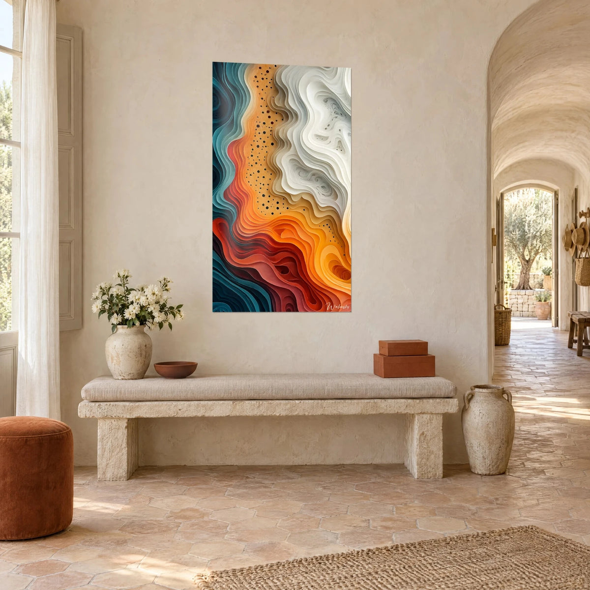 Tableau paysage de couches sculptées en vagues ambre, rouge brique et ivoire, banc en pierre, mas provençal en trois-quarts