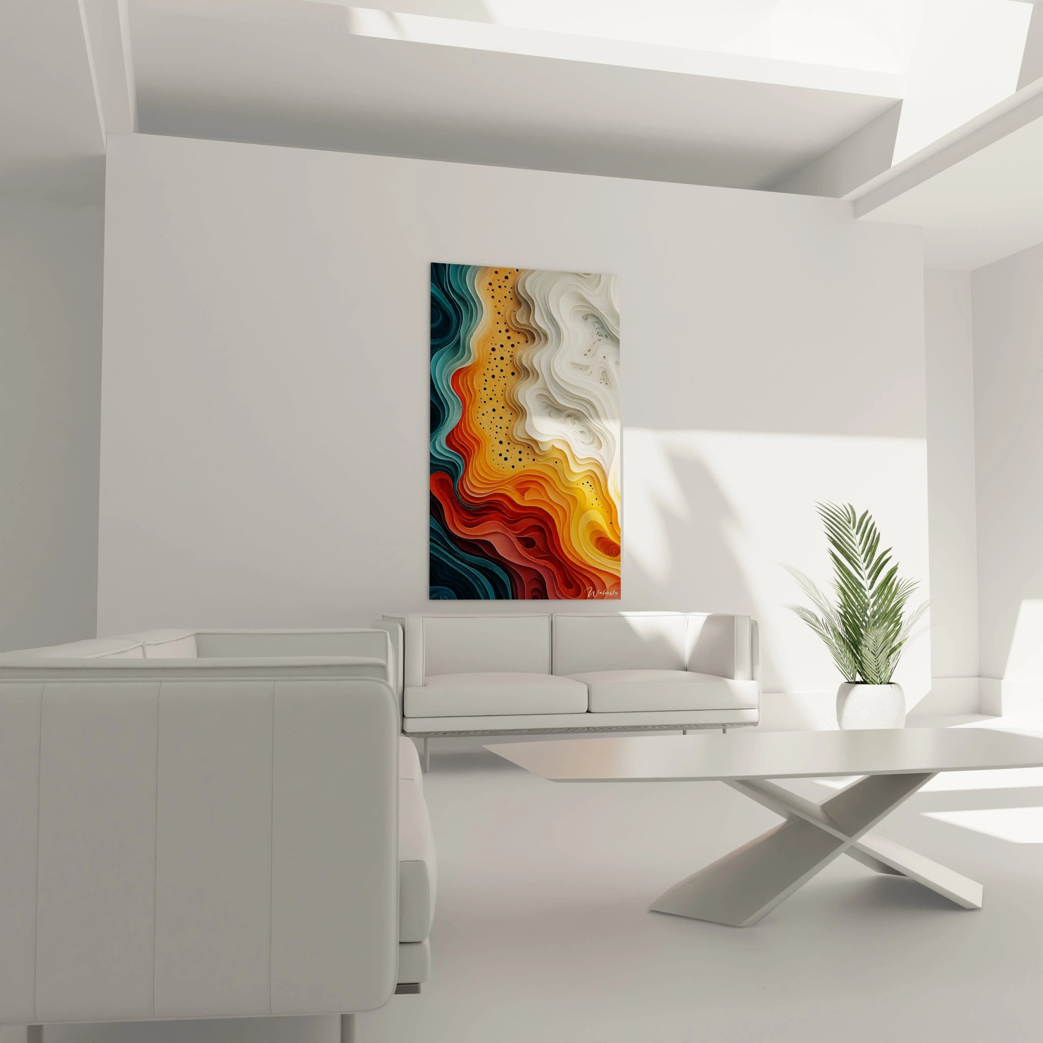 Un tableau relief abstrait topographique présentant des ondulations parallèles en trois zones distinctes : bleu-turquoise, orange-rouge et blanc. Les strates superposées créent un effet de profondeur saisissant, rehaussé par des trous noirs parsemés dans la section centrale.
