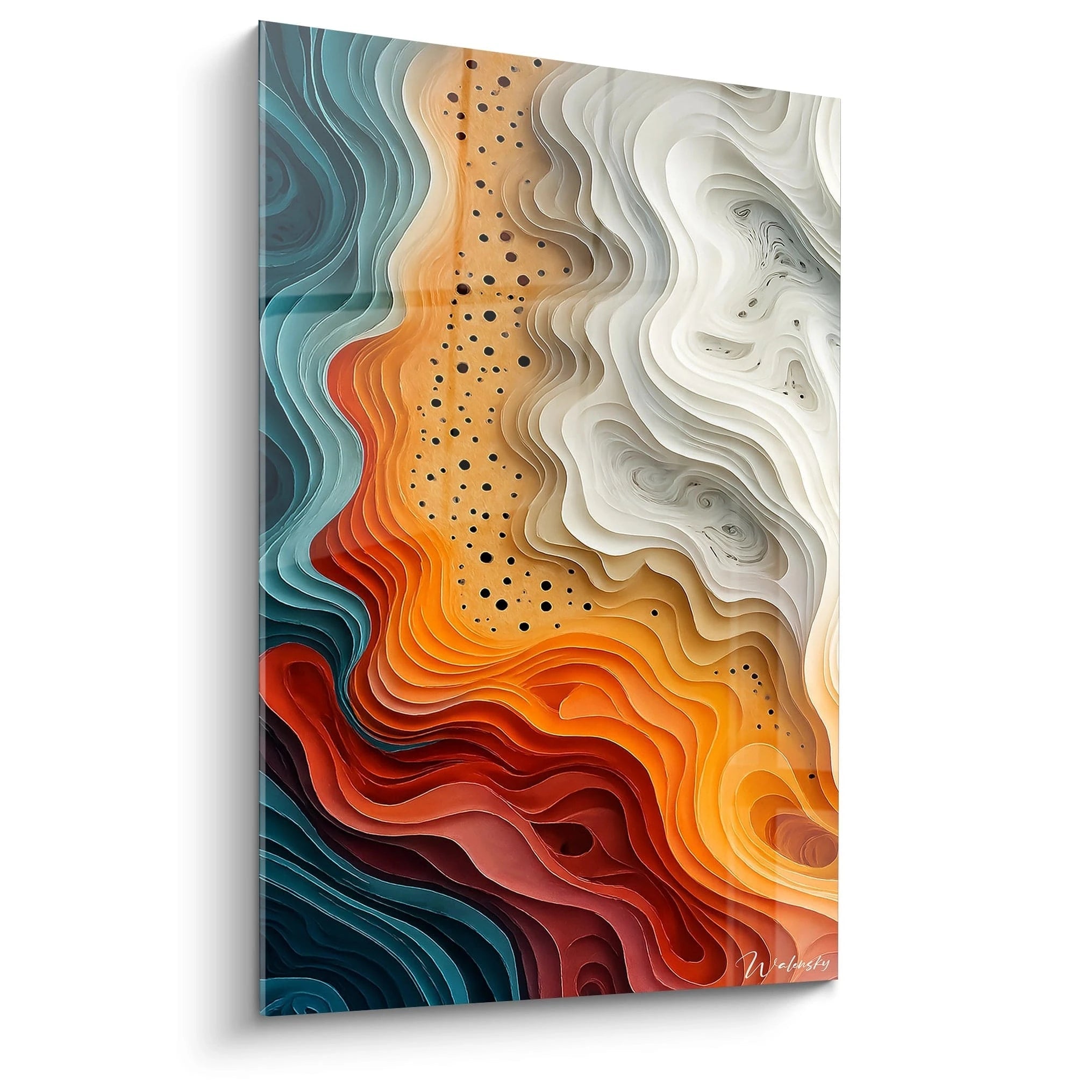 Un tableau relief abstrait représentant des couches ondulantes superposées, avec des teintes bleu turquoise, orange vif et blanc crème. Les strates créent un effet topographique tridimensionnel, ponctué de perforations noires sur la bande centrale ocre.
