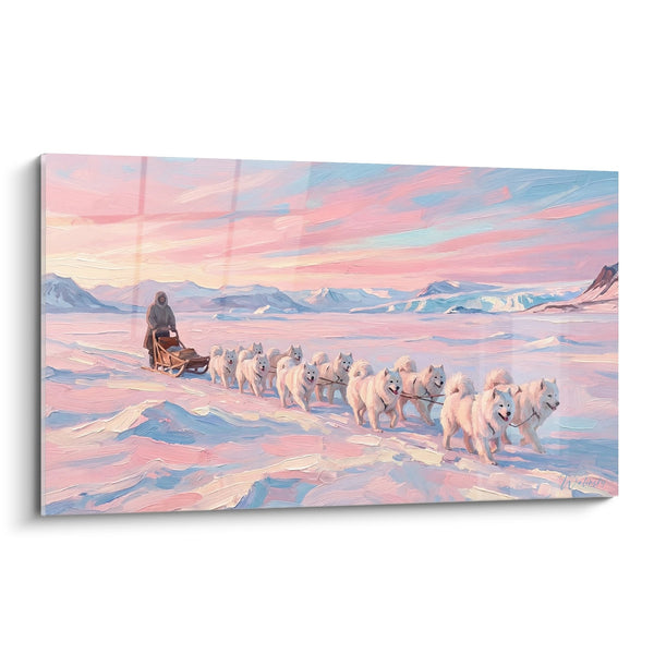 Cuadro de Equipo de Perros Blancos en Paisaje Ártico Rosa - Expedición Polar - Edición Samoyedo