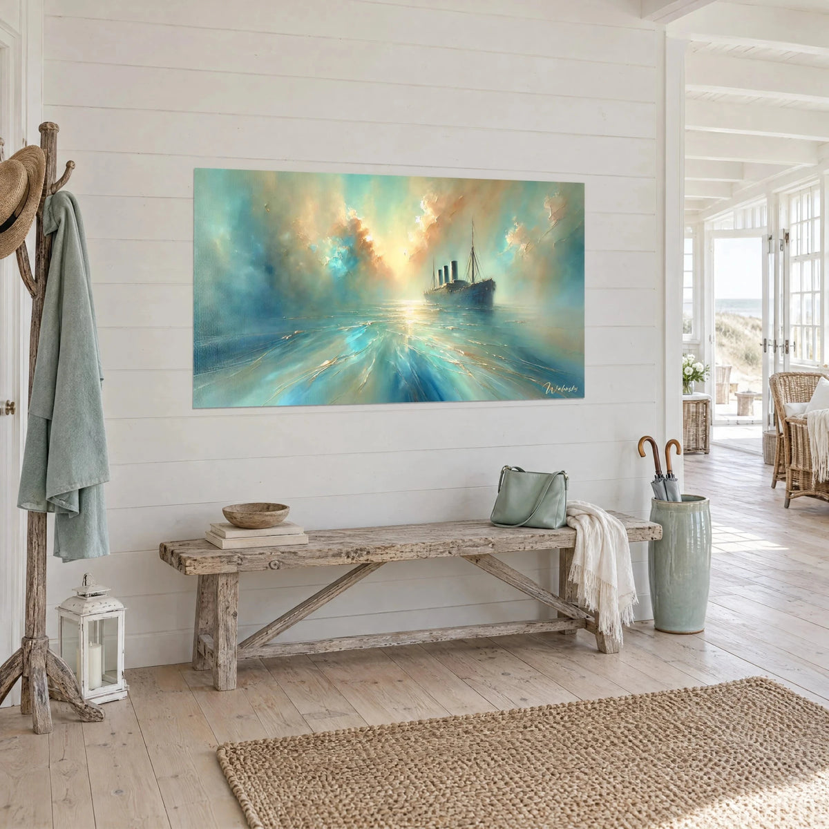 Wall art ghostly ocean liner on an opal sea, sand and blue sky, seen at three-quarter view in a bright hallway