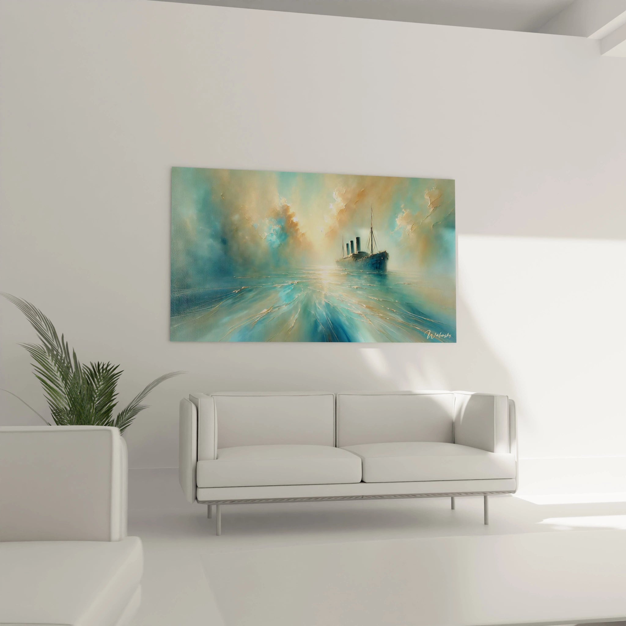 Tableau du bateau transatlantique accroché au-dessus d'un canapé dans le salon. Évoque l'aventure et la tranquillité avec ses reflets lumineux sur la mer paisible."