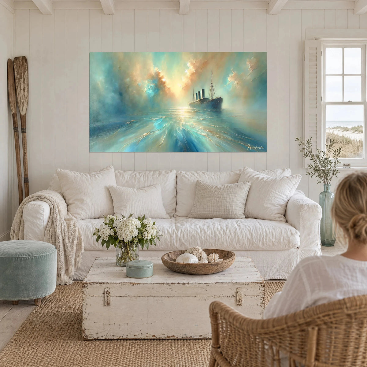 Wall art steamship with three funnels in turquoise and ochre mist, above a sofa in a bright living room