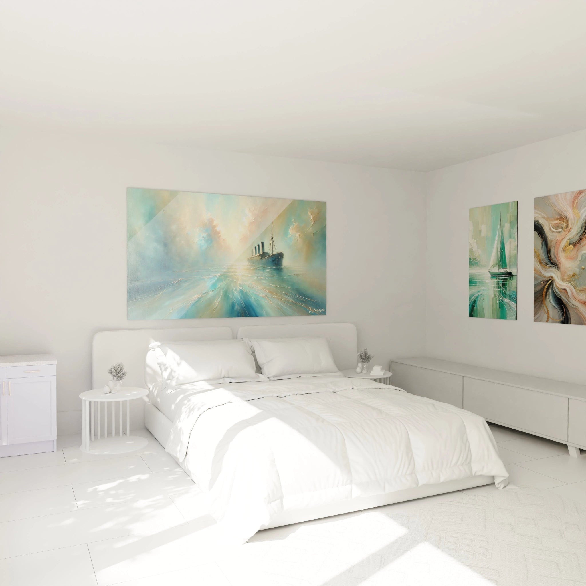 "Tableau de navire maritime accroché dans une chambre au-dessus du lit. Crée une ambiance paisible avec ses nuances de bleu et or, idéal pour une décoration intérieure nautique."